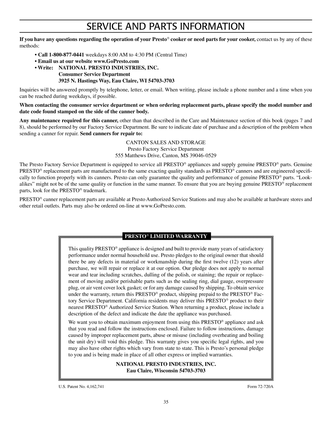 Presto Pressure Canner and Cooker Service and Parts information, National Presto INDUSTRIES, INC, Eau Claire, Wisconsin 