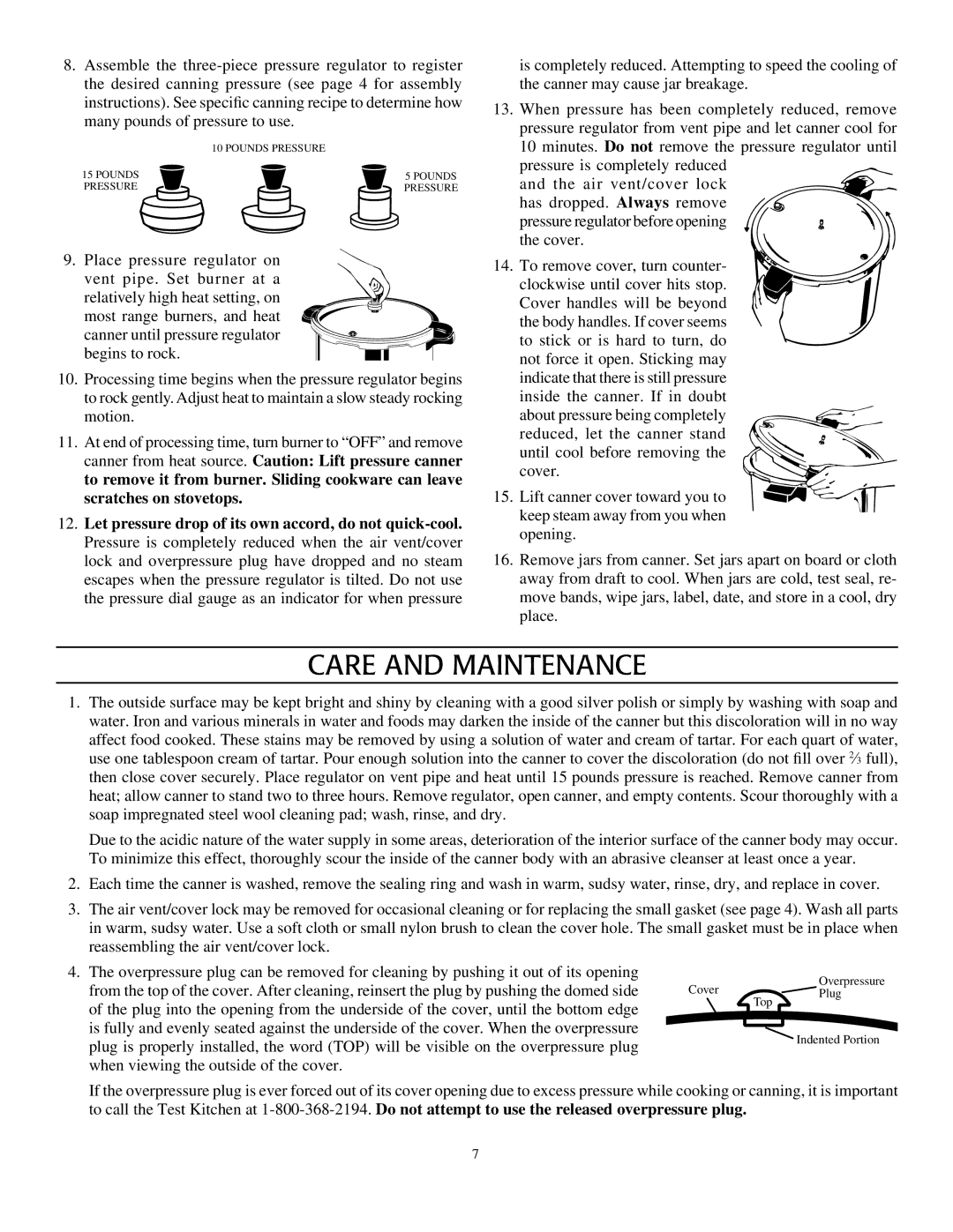 Presto Pressure Canner and Cooker warranty Care and Maintenance 