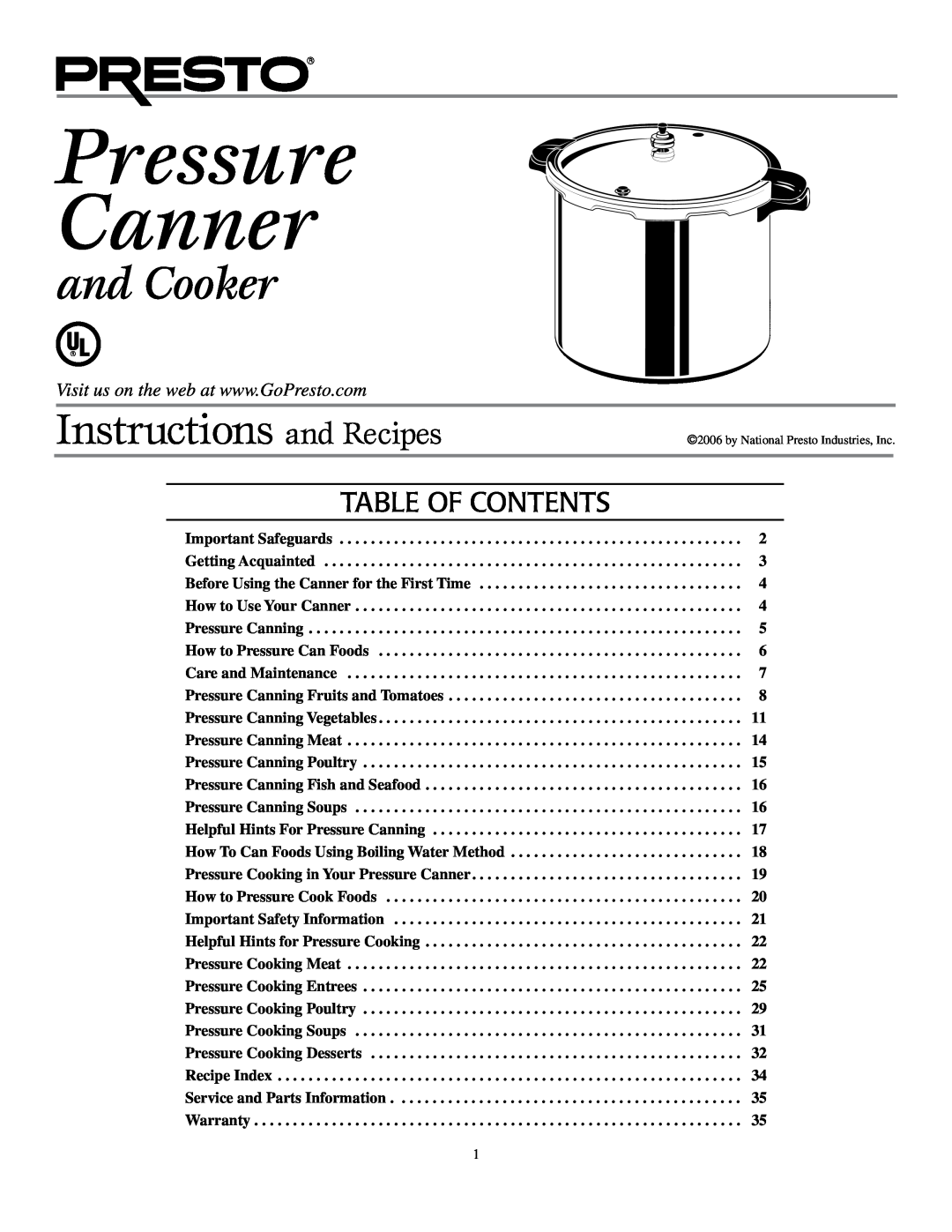 Presto Pressure Canner and Cooker warranty Table of Contents, Instructions and Recipes, Helpful Hints For Pressure Canning 