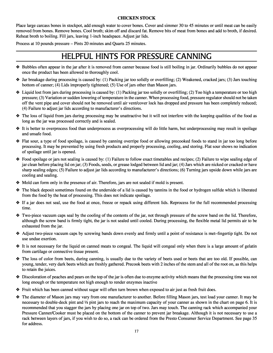 Presto Pressure Canner and Cooker warranty Helpful Hints For Pressure Canning, Chicken Stock 