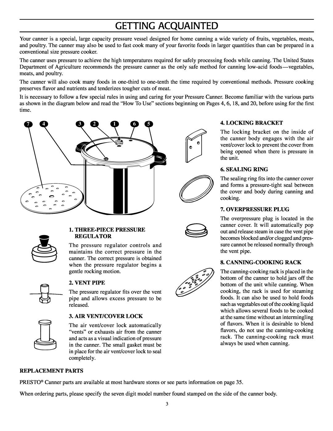 Presto Pressure Canner and Cooker Getting Acquainted, Three-Piece Pressure Regulator, Vent Pipe, Air Vent/Cover Lock 