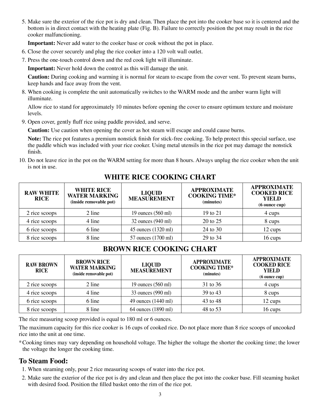 Presto Rice Cooker manual White Rice Cooking Chart, To Steam Food 