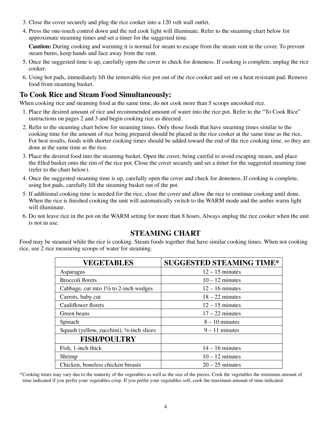 Presto Rice Cooker manual To Cook Rice and Steam Food Simultaneously, Steaming Chart, Vegetables Suggested steaming time 