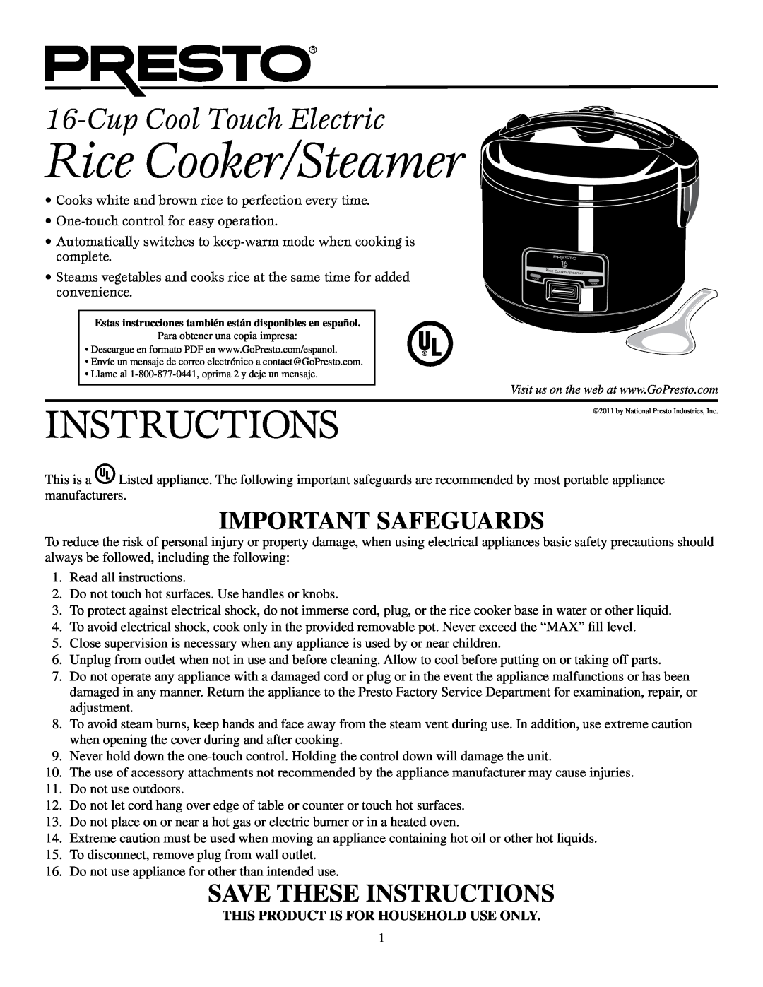 Presto manual Rice Cooker/Steamer, Cup Cool Touch Electric, Important Safeguards, Save These Instructions 