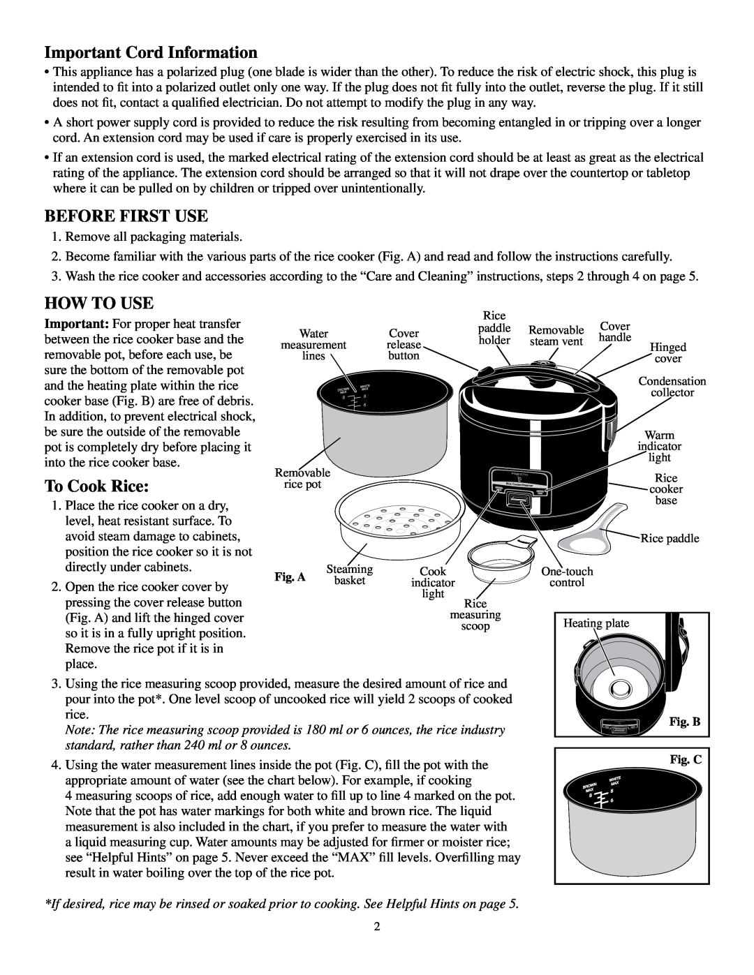 Presto Rice Cooker manual Important Cord Information, Before First Use, How To Use, To Cook Rice 