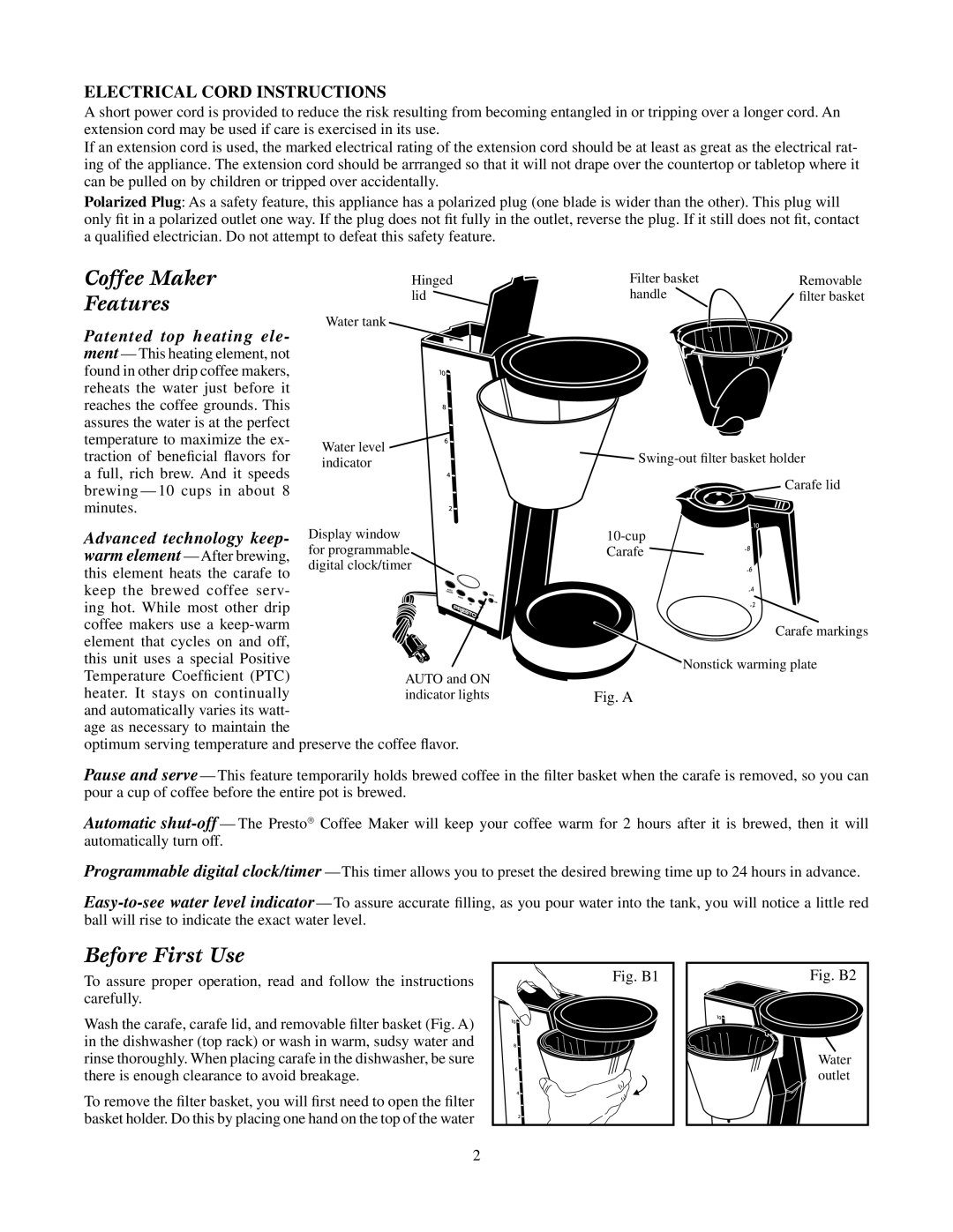 Presto Scandinavian Design manual Coffee Maker Features, Before First Use 