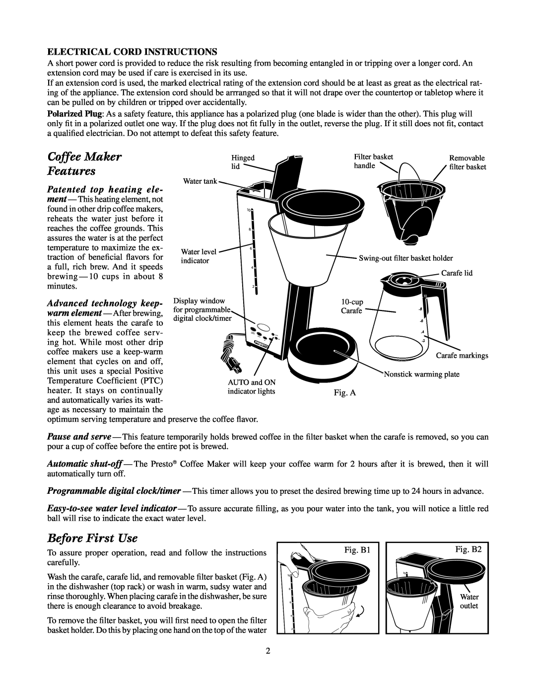 Presto Scandinavian Design manual Coffee Maker Features, Before First Use, Electrical Cord Instructions 