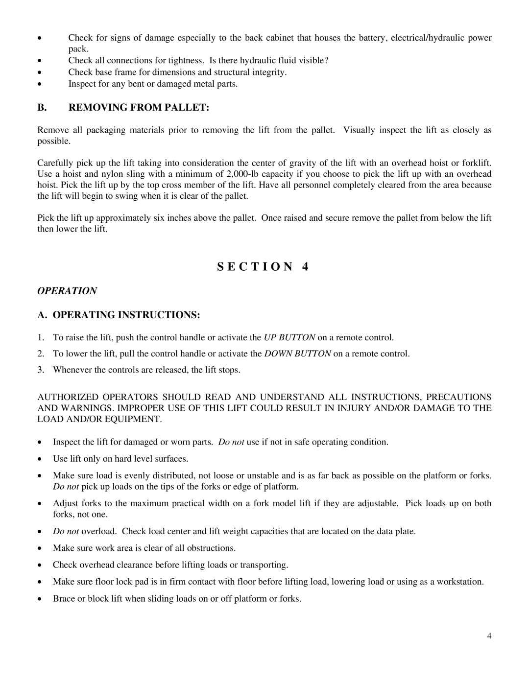 Presto WPS service manual Removing from Pallet, Operation, Operating Instructions 