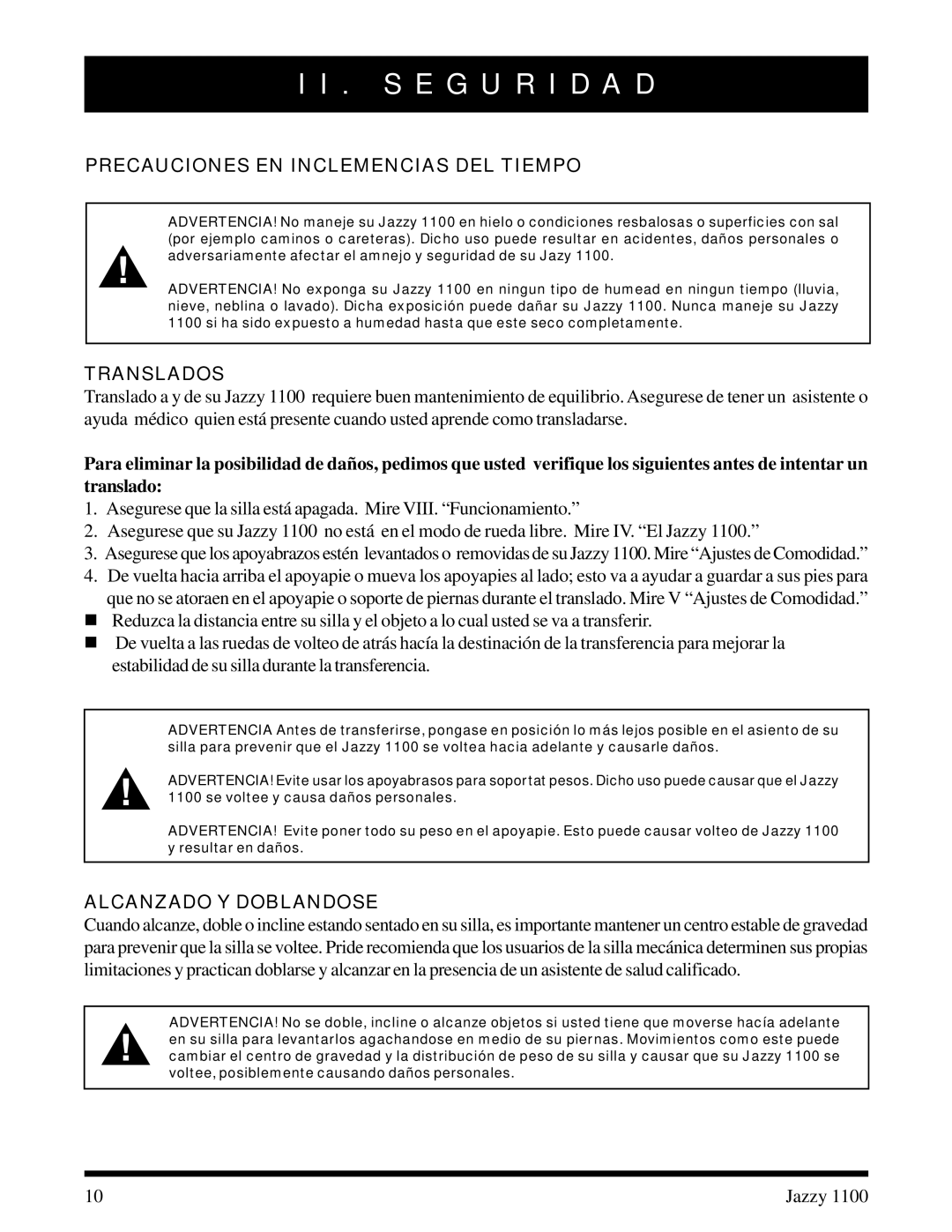 Pride Mobility 1100 manual Precauciones EN Inclemencias DEL Tiempo, Translados, Alcanzado Y Doblandose 