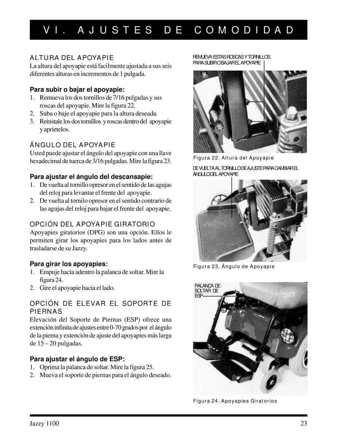 Pride Mobility 1100 manual Altura DEL Apoyapie, Ángulo DEL Apoyapie, Opción DE Elevar EL Soporte DE Piernas 