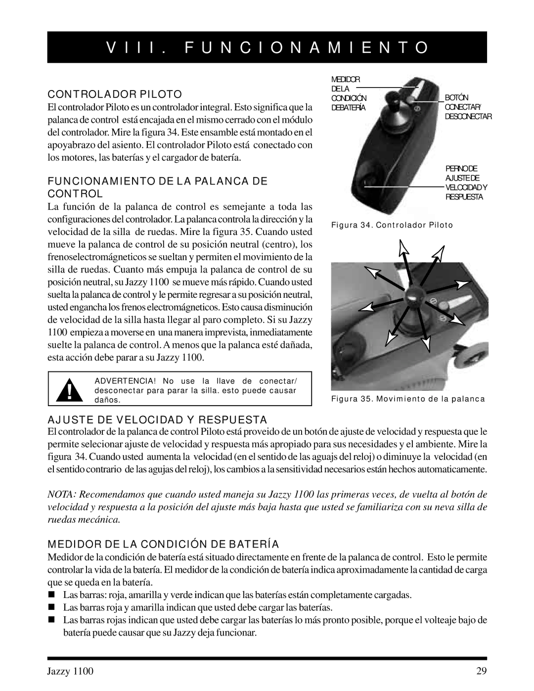 Pride Mobility 1100 manual Controlador Piloto, Funcionamiento DE LA Palanca DE Control, Ajuste DE Velocidad Y Respuesta 