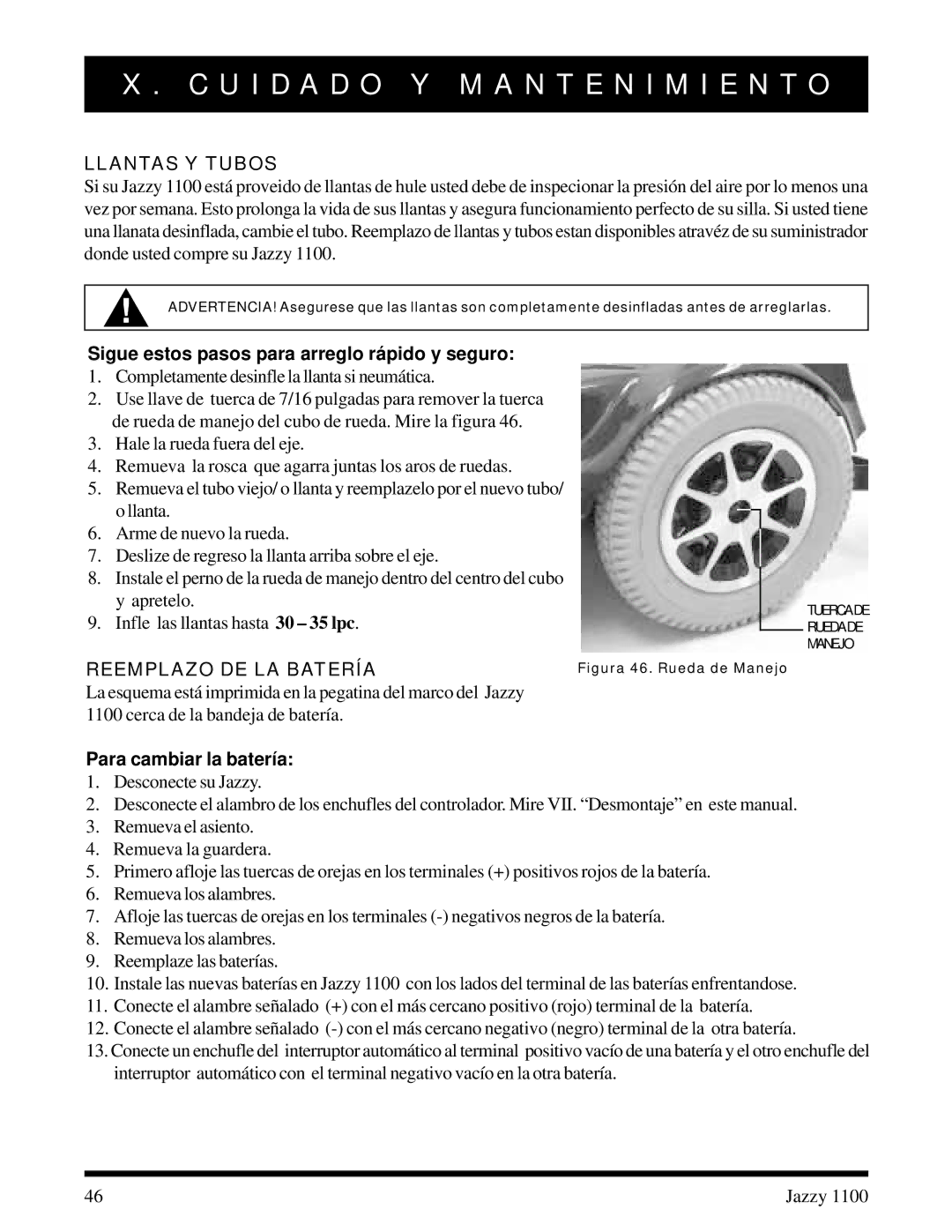 Pride Mobility 1100 manual Llantas Y Tubos, Sigue estos pasos para arreglo rá pido y seguro, Reemplazo DE LA Batería 