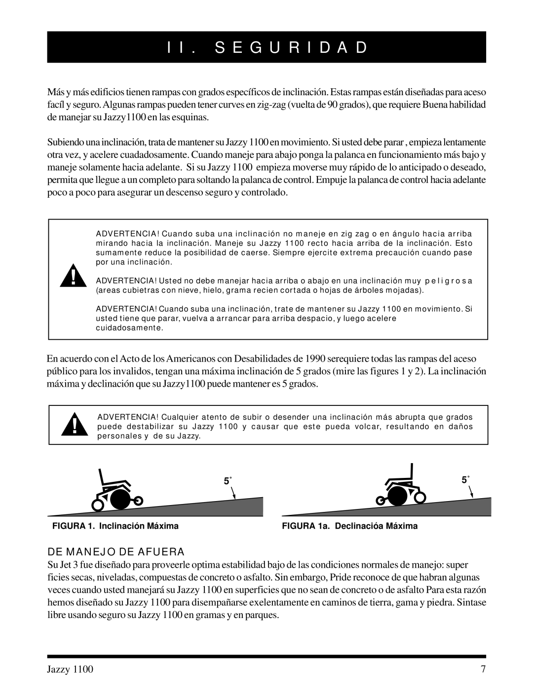 Pride Mobility 1100 manual DE Manejo DE Afuera, Figura 1. Inclinació n Má xima 