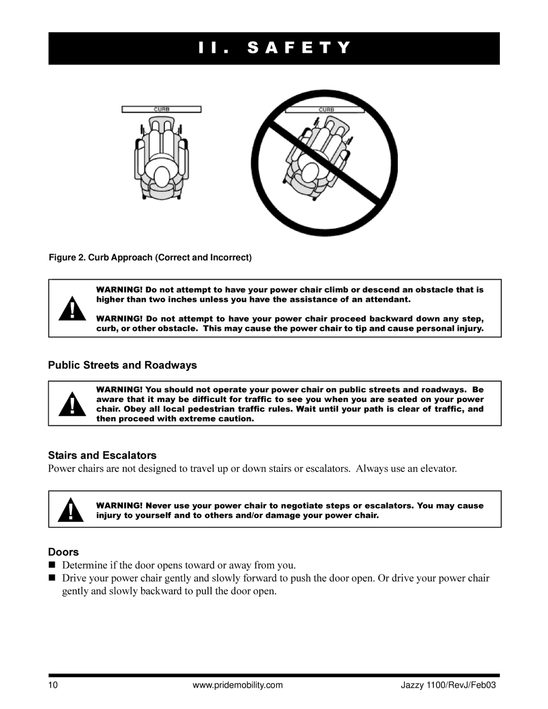 Pride Mobility 1100 owner manual Public Streets and Roadways Stairs and Escalators, Doors 