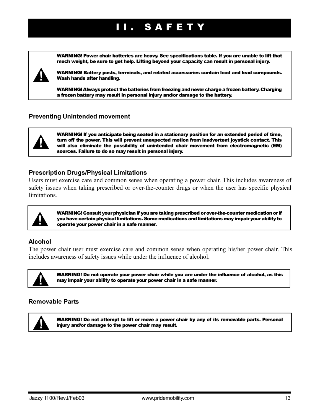 Pride Mobility 1100 owner manual Alcohol, Removable Parts 