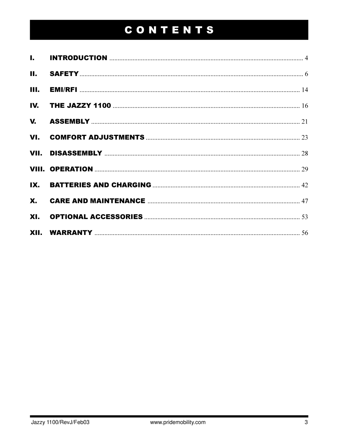 Pride Mobility 1100 owner manual N T E N T S 