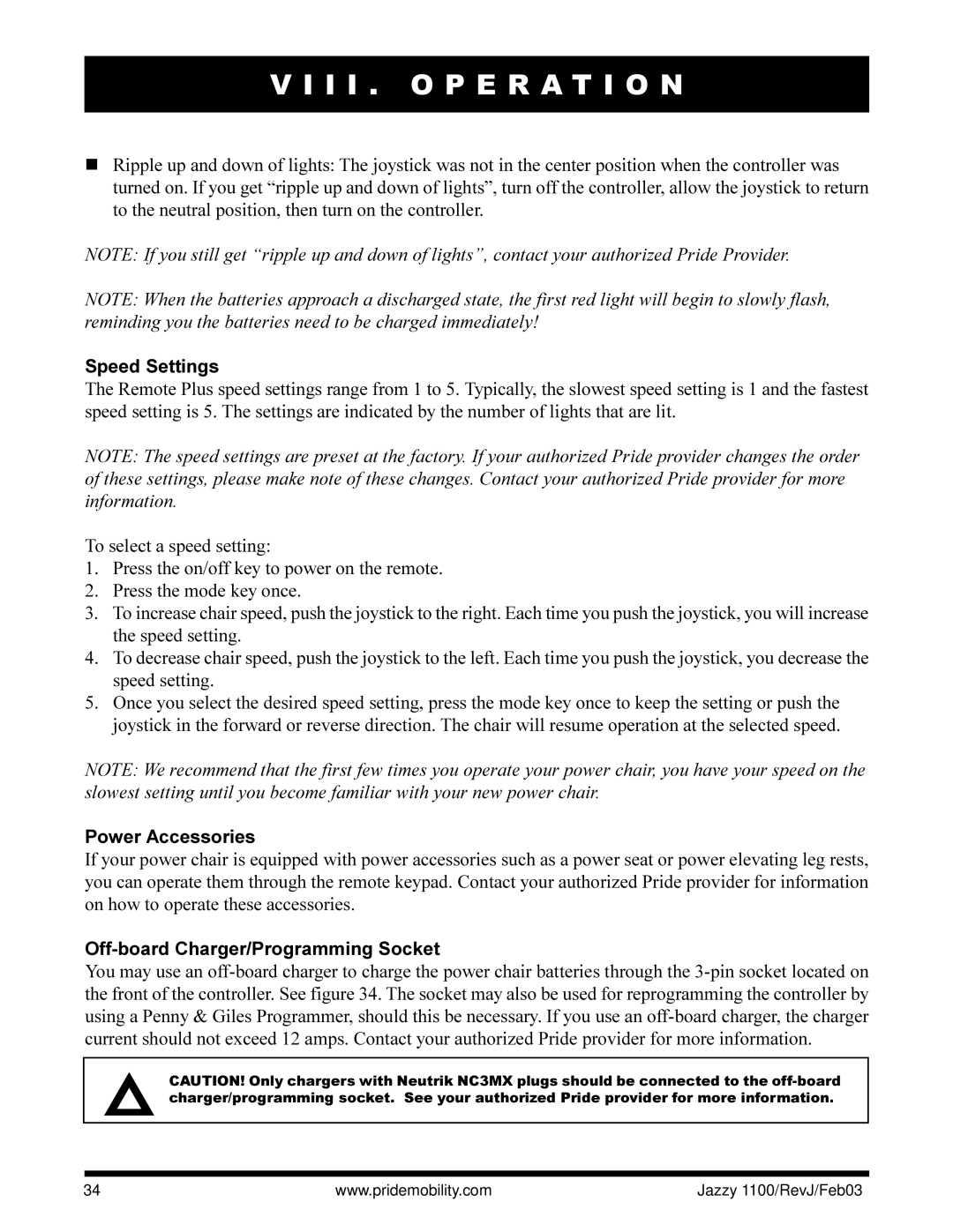 Pride Mobility 1100 owner manual Speed Settings, Power Accessories 