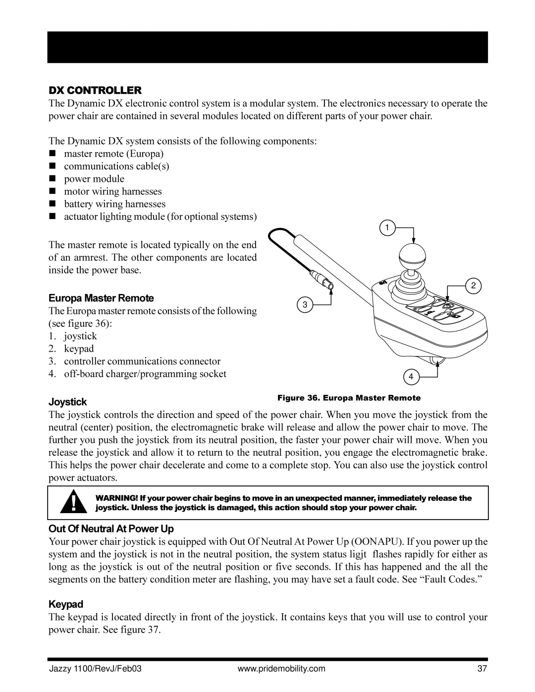 Pride Mobility 1100 owner manual DX Controller, Europa Master Remote, Out Of Neutral At Power Up 