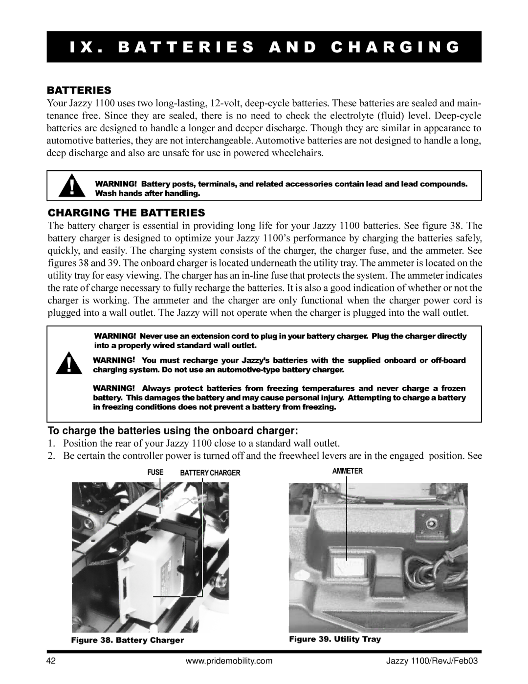 Pride Mobility 1100 owner manual B a T T E R I E S a N D C H a R G I N G, Charging the Batteries 