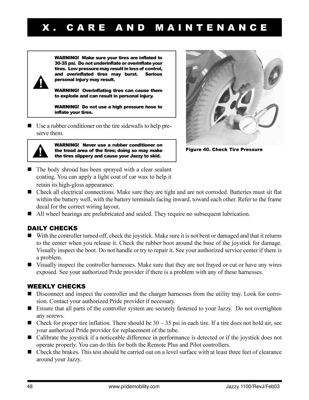 Pride Mobility 1100 owner manual Daily Checks, Weekly Checks 