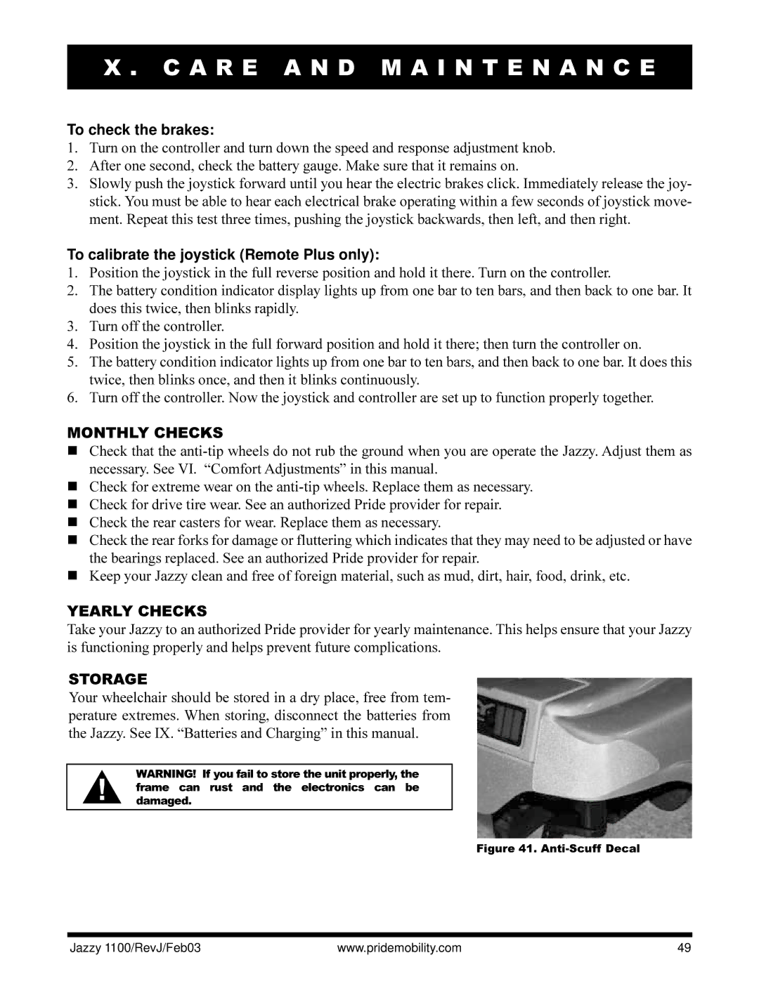 Pride Mobility 1100 To check the brakes, To calibrate the joystick Remote Plus only, Monthly Checks, Yearly Checks 