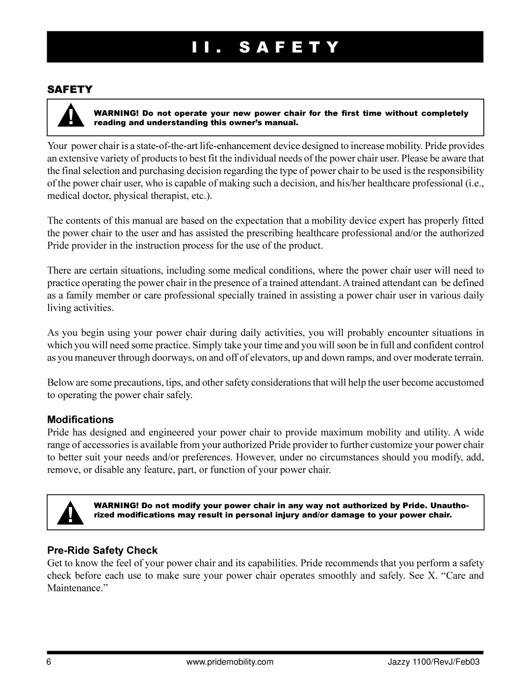 Pride Mobility 1100 owner manual S a F E T Y, Modifications, Pre-Ride Safety Check 