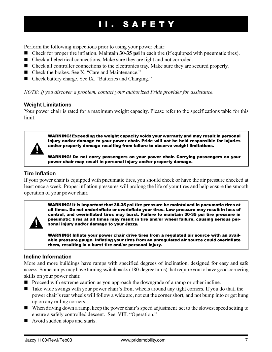 Pride Mobility 1100 owner manual Weight Limitations, Tire Inflation, Incline Information 