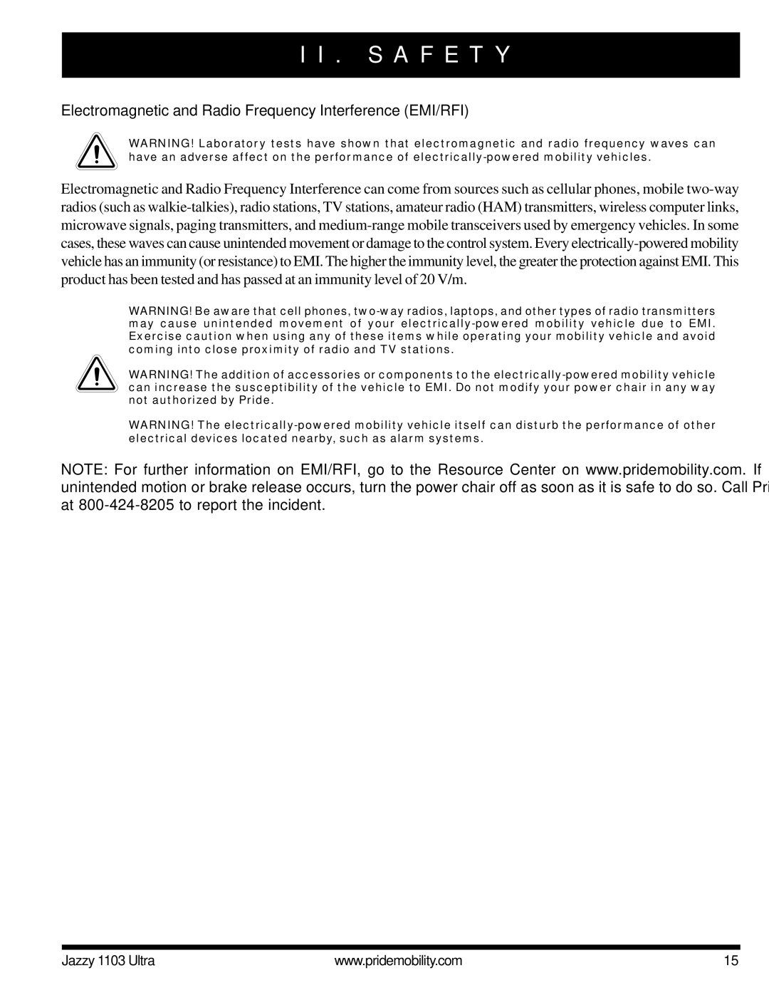 Pride Mobility 1103 ULTRA owner manual Electromagnetic and Radio Frequency Interference EMI/RFI 