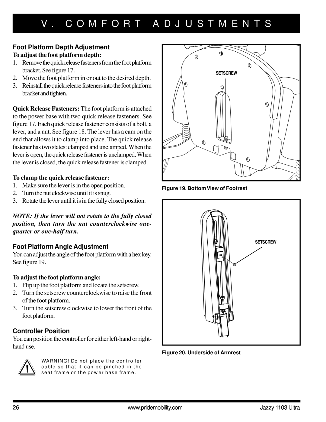 Pride Mobility 1103 ULTRA owner manual Foot Platform Depth Adjustment, Foot Platform Angle Adjustment, Controller Position 