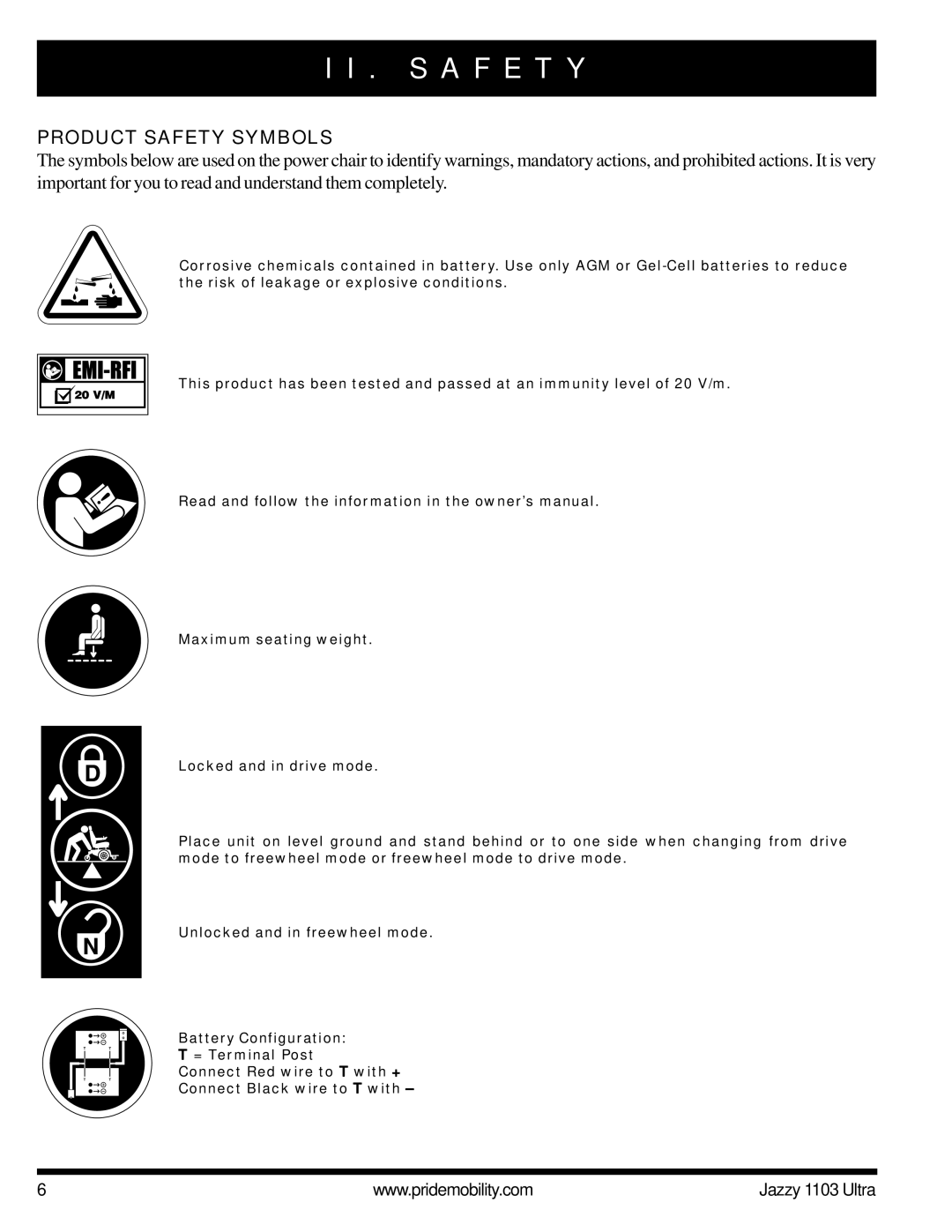 Pride Mobility 1103 ULTRA owner manual S a F E T Y, Product Safety Symbols 