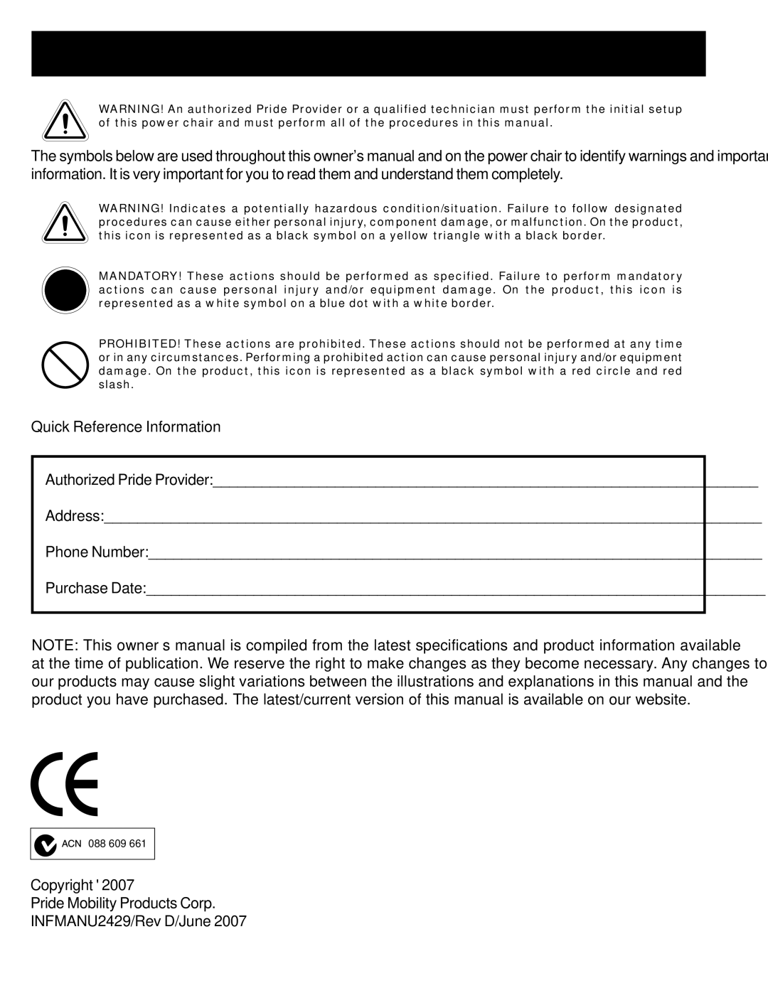 Pride Mobility 1103 ULTRA manual F E T Y G U I D E L I N E S, Quick Reference Information 