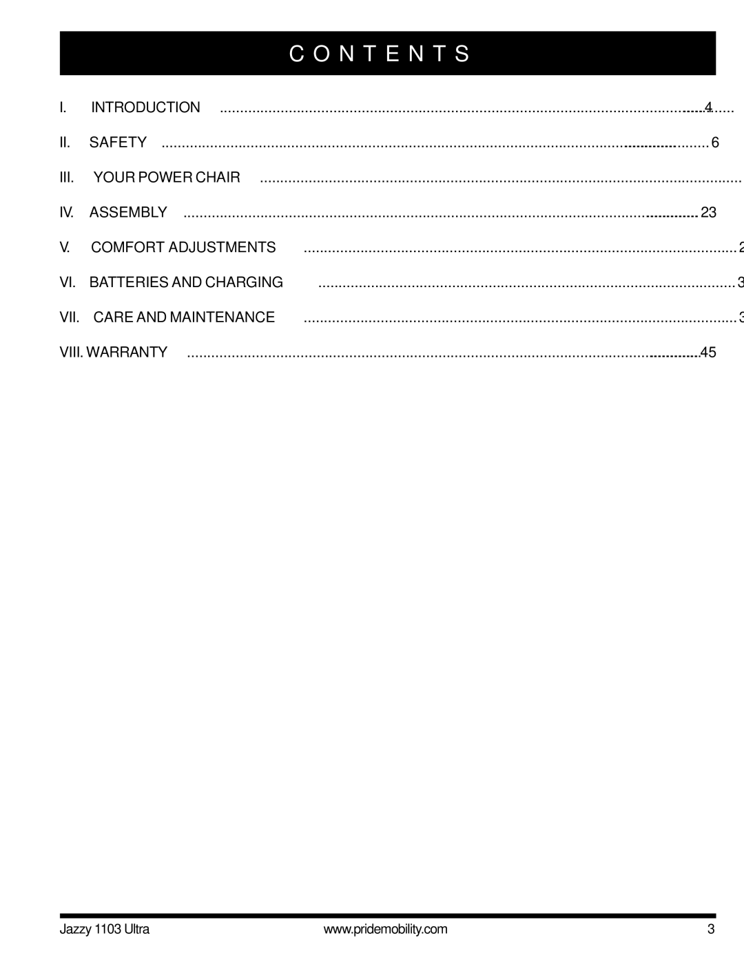 Pride Mobility 1103 ULTRA manual N T E N T S, Iii 