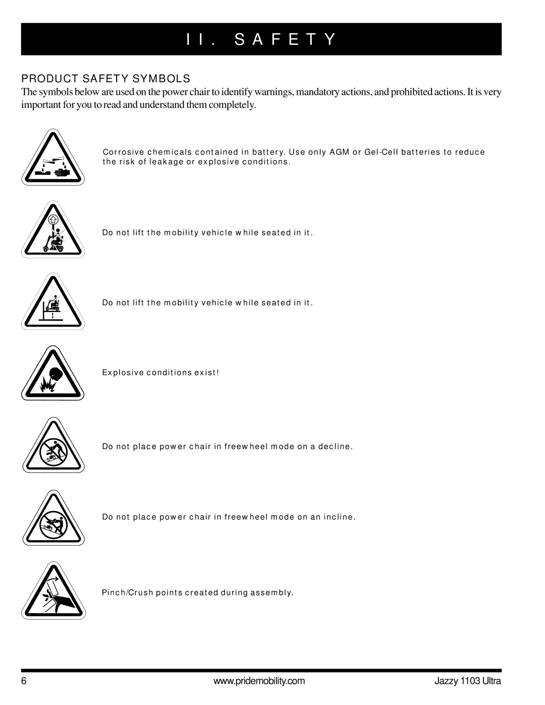 Pride Mobility 1103 ULTRA manual S a F E T Y, Product Safety Symbols 