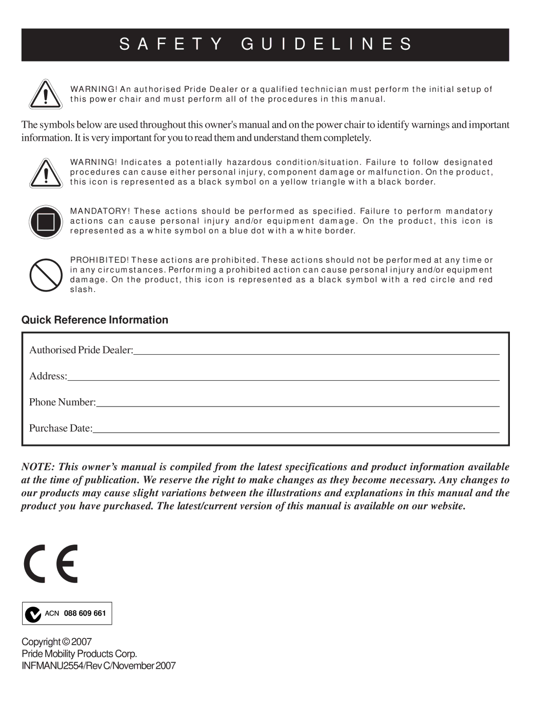 Pride Mobility 1103 manual F E T Y G U I D E L I N E S, Quick Reference Information 