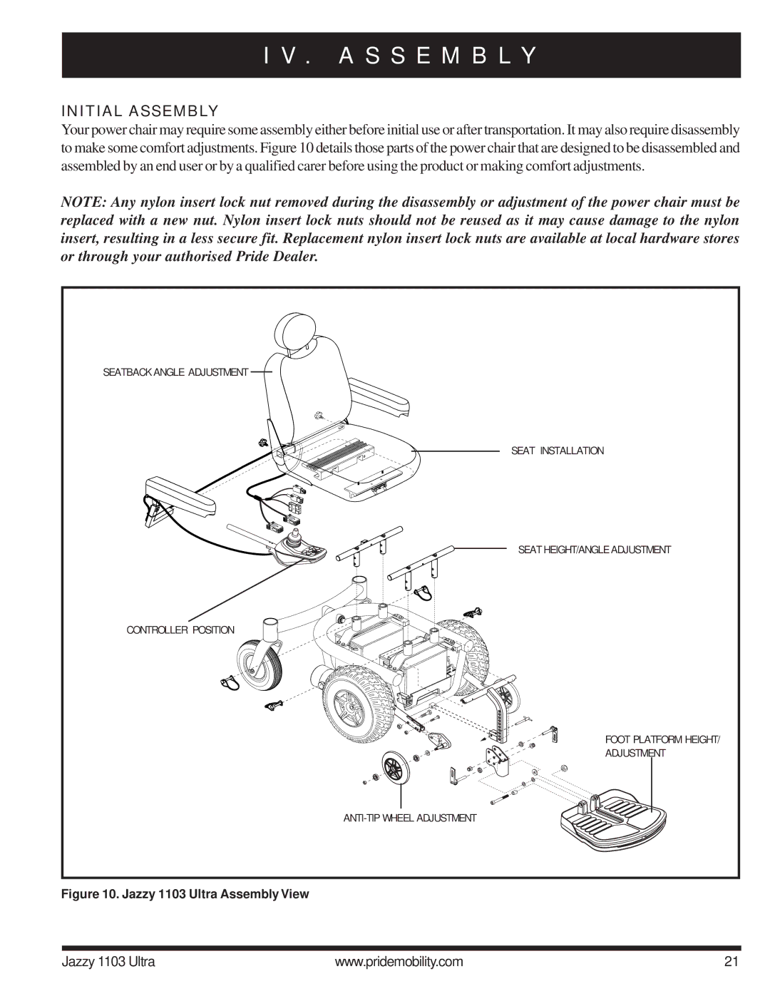 Pride Mobility 1103 manual A S S E M B L Y, Initial Assembly 