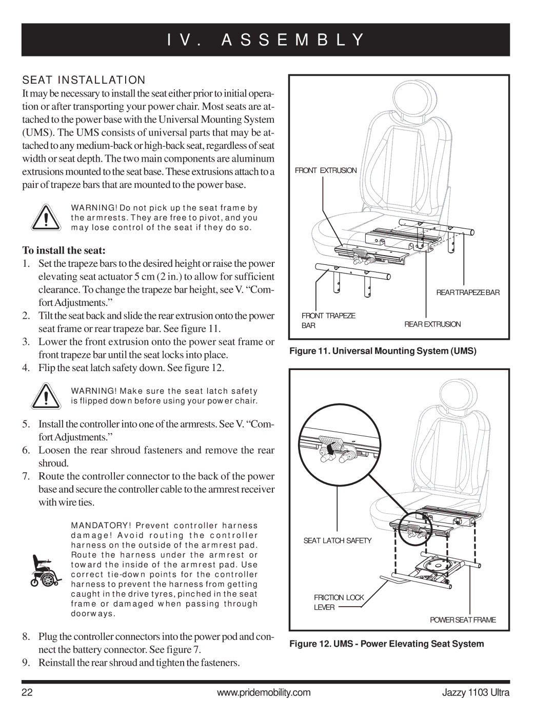 Pride Mobility 1103 manual Seat Installation, To install the seat 