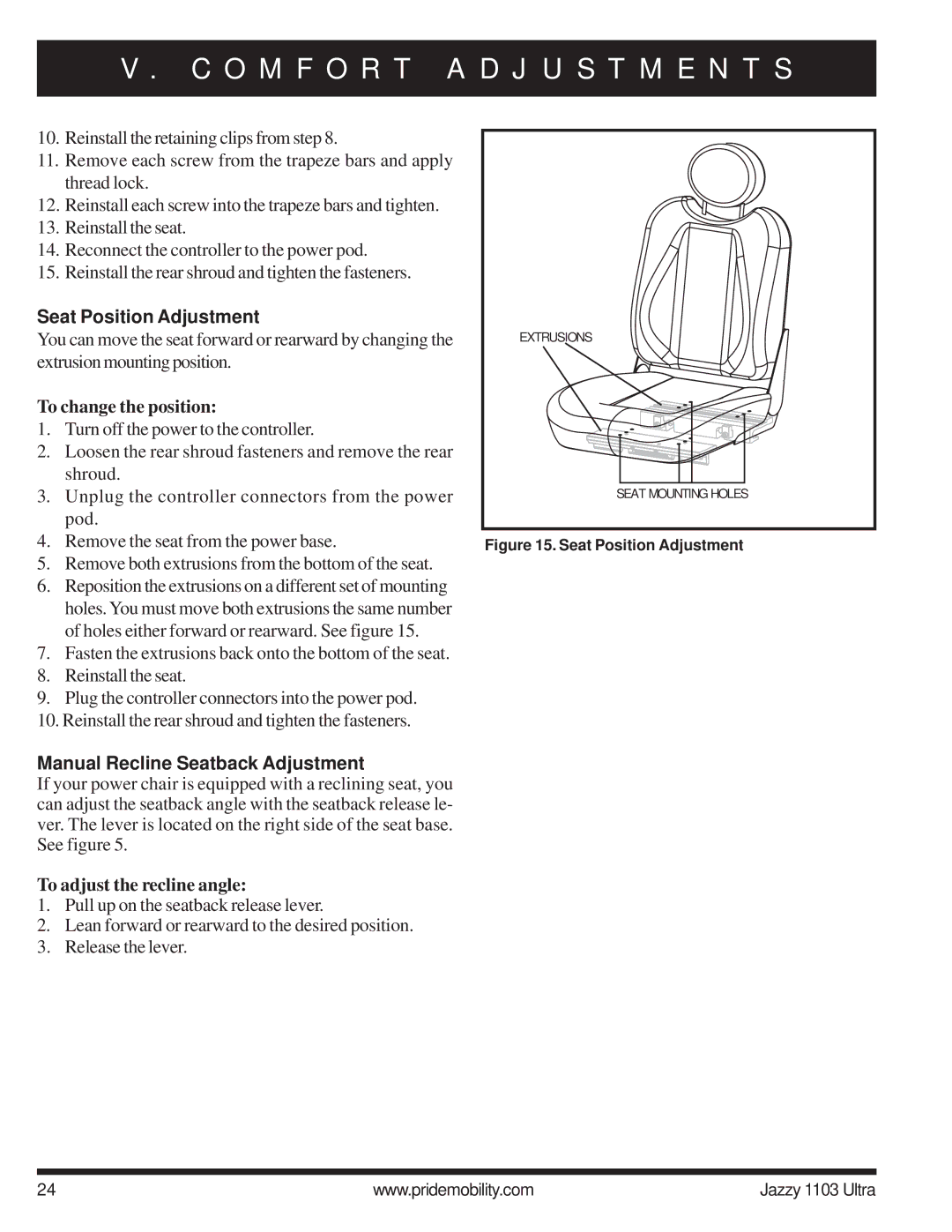 Pride Mobility 1103 manual Seat Position Adjustment, To change the position, Manual Recline Seatback Adjustment 