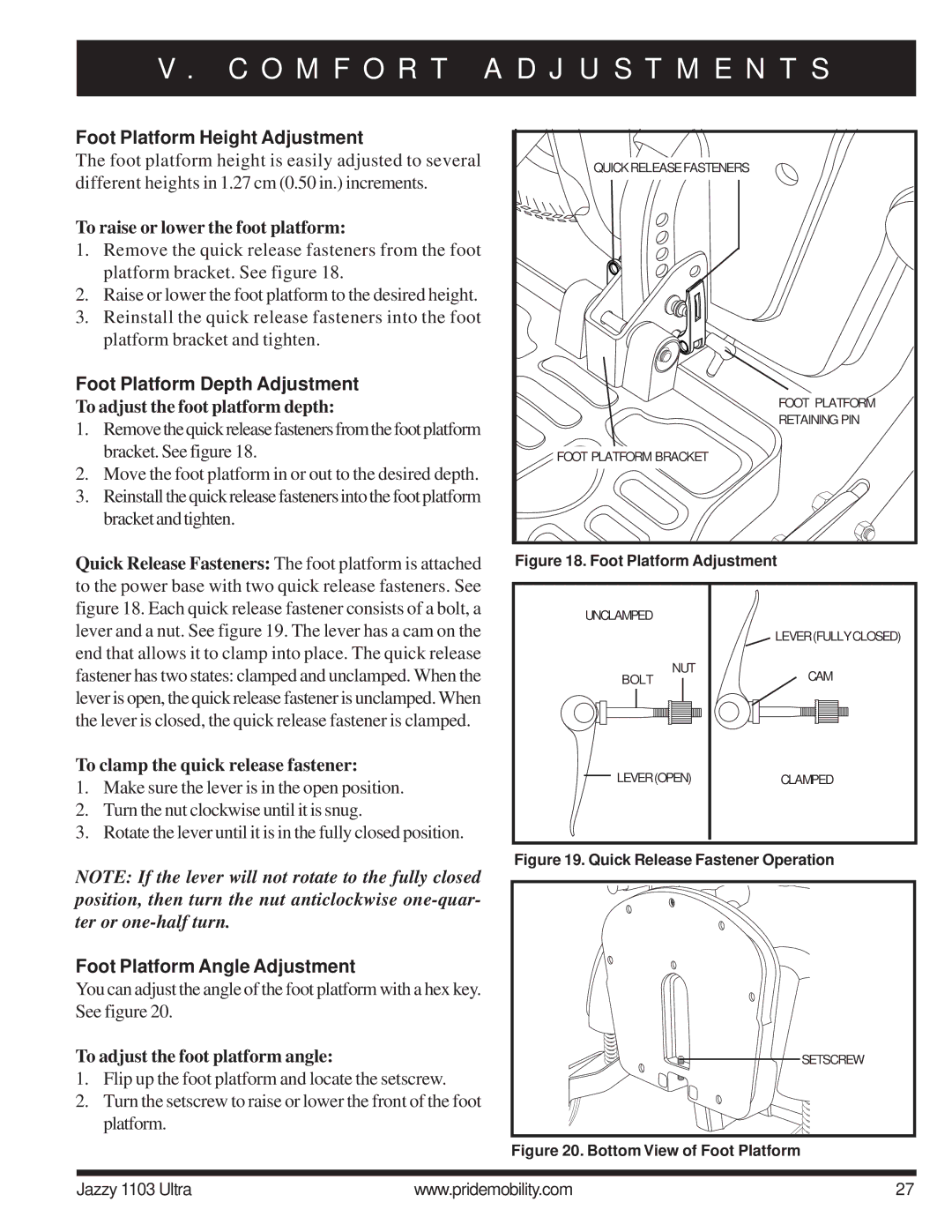 Pride Mobility 1103 manual Foot Platform Height Adjustment, Foot Platform Depth Adjustment, Foot Platform Angle Adjustment 