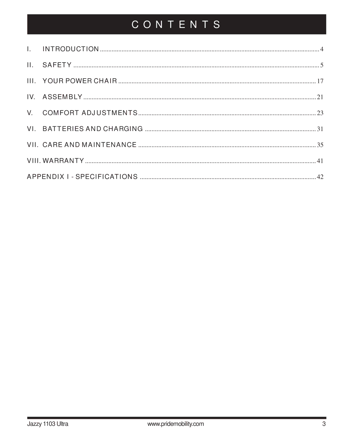 Pride Mobility 1103 manual N T E N T S, Iii 