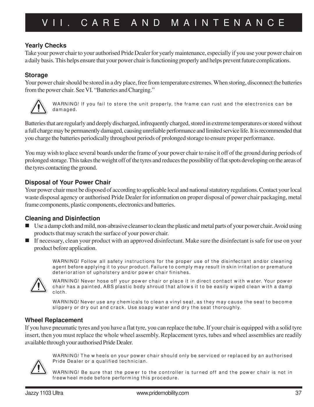 Pride Mobility 1103 Yearly Checks, Storage, Disposal of Your Power Chair, Cleaning and Disinfection, Wheel Replacement 