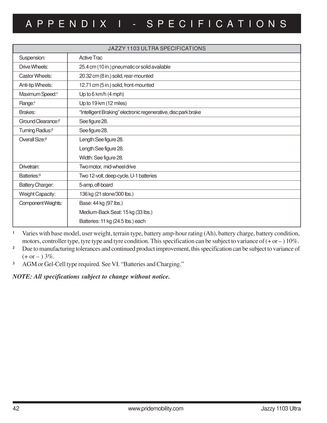 Pride Mobility manual P E N D I X I Specification S, Jazzy 1103 Ultra Specifications 