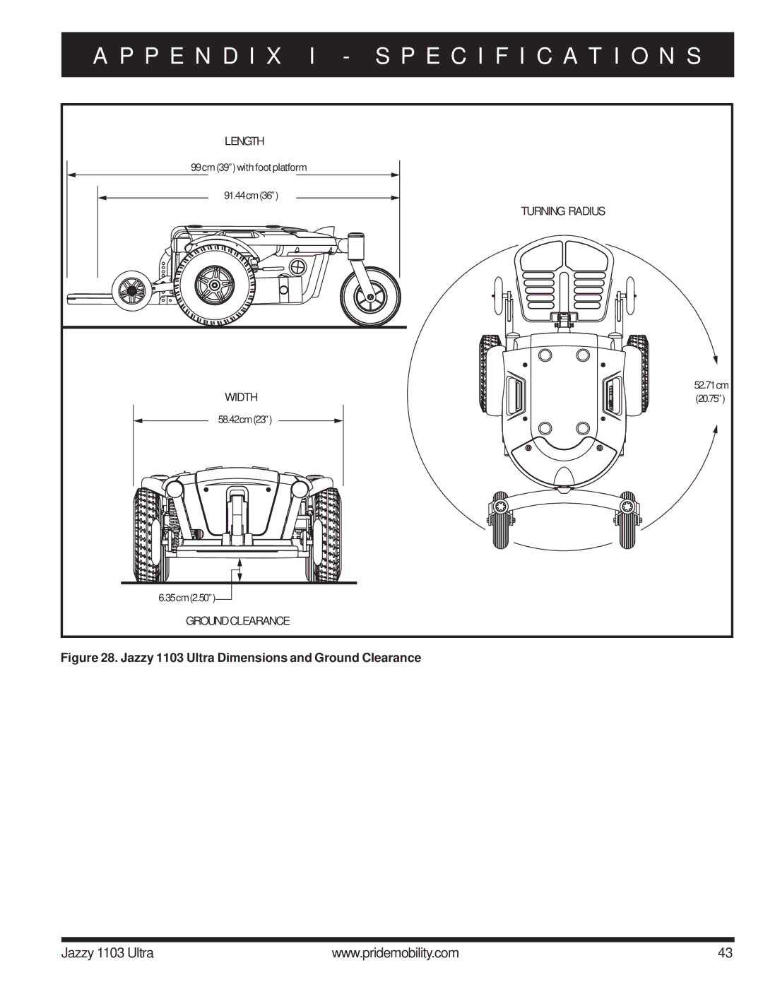 Pride Mobility manual Jazzy 1103 Ultra Dimensions and Ground Clearance 