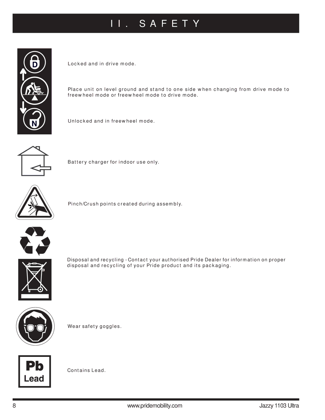 Pride Mobility 1103 manual S a F E T Y 
