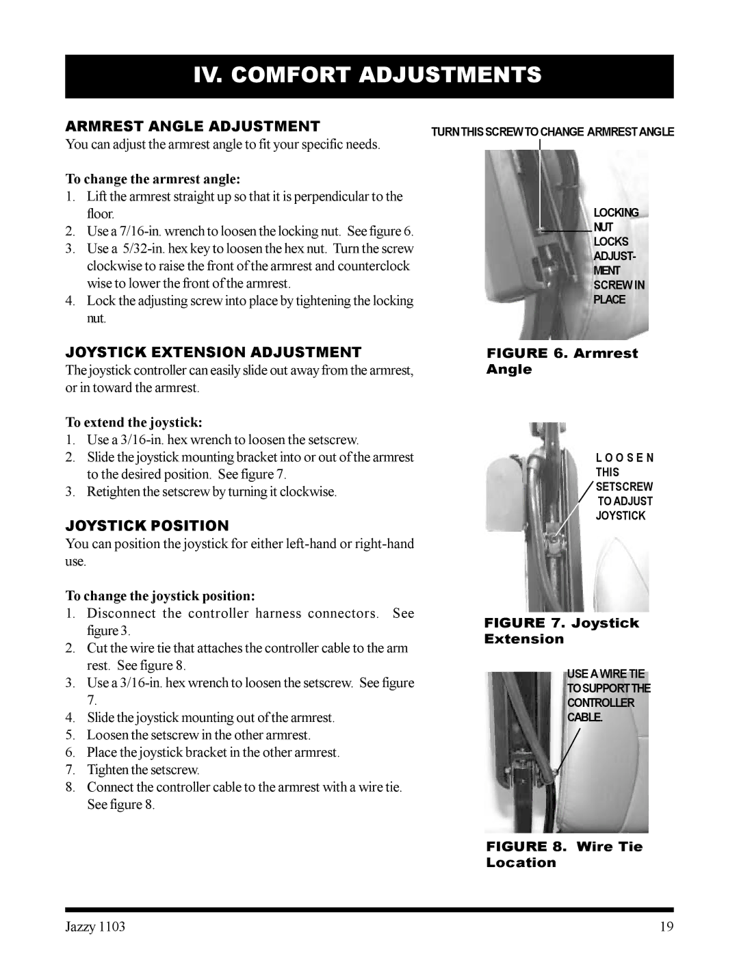 Pride Mobility 1103 owner manual Armrest Angle Adjustment, Joystick Extension Adjustment, Joystick Position 