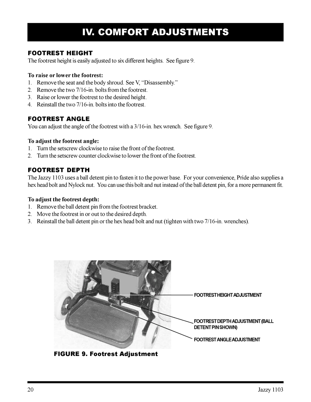 Pride Mobility 1103 owner manual Footrest Height, Footrest Angle, Footrest Depth 