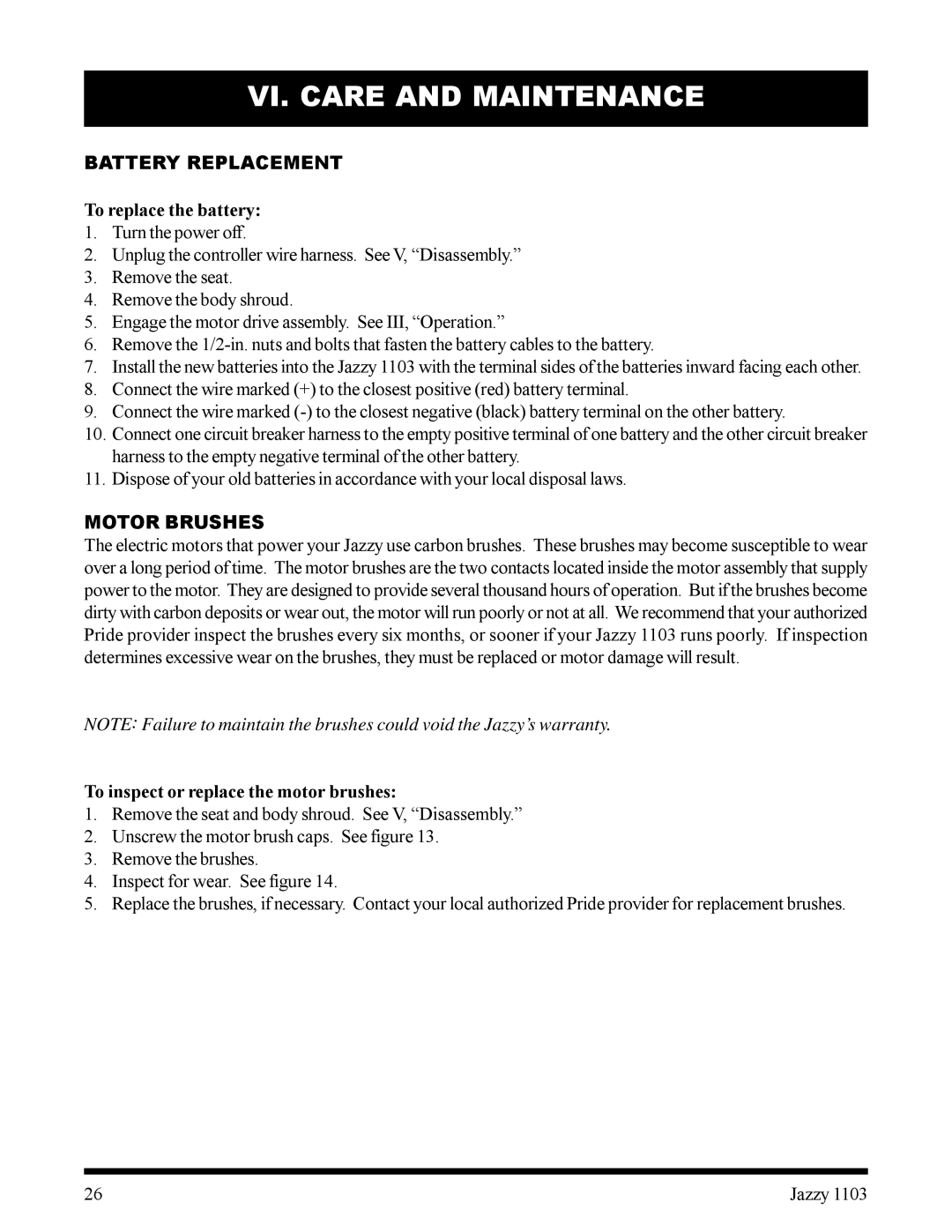 Pride Mobility 1103 Battery Replacement, To replace the battery, Motor Brushes, To inspect or replace the motor brushes 