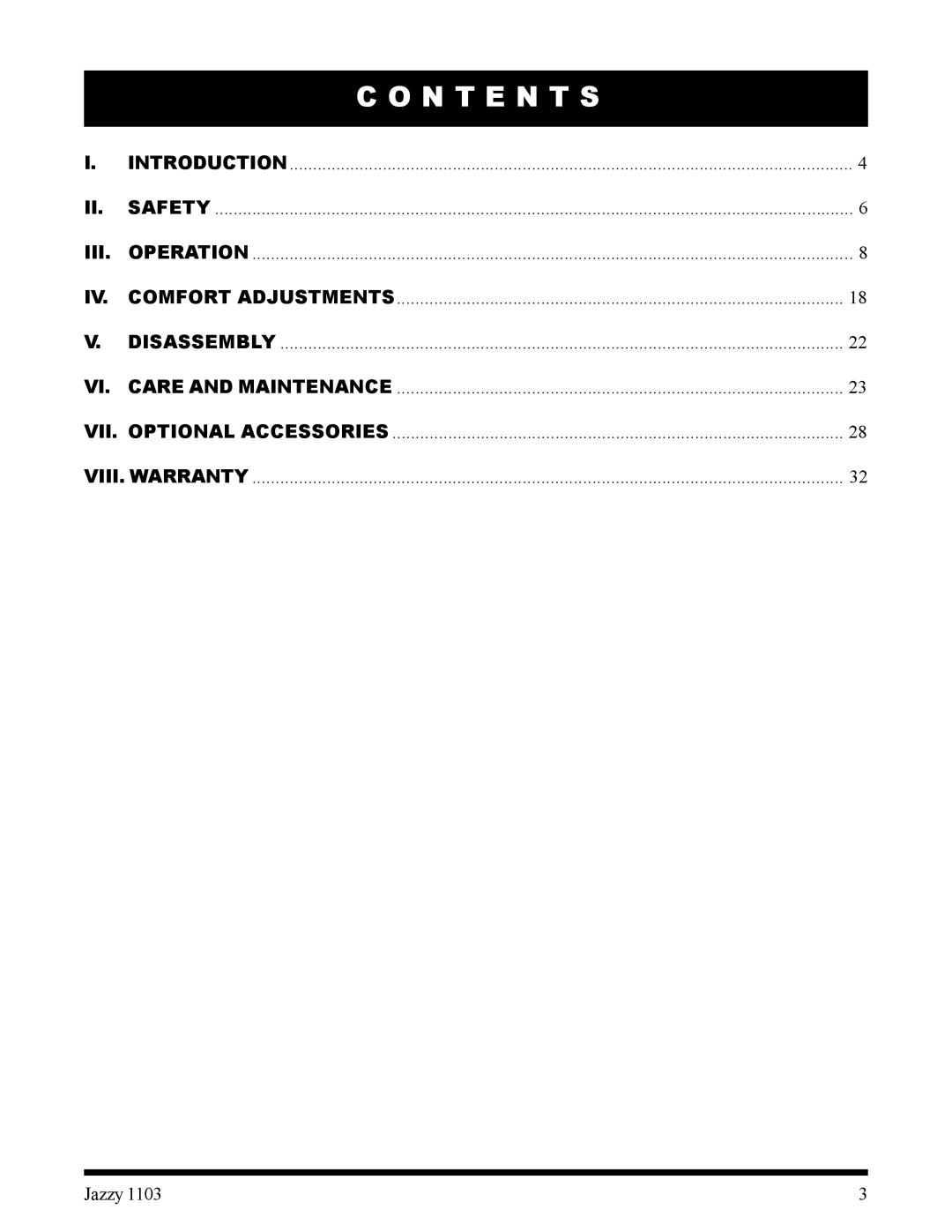 Pride Mobility 1103 owner manual N T E N T S 