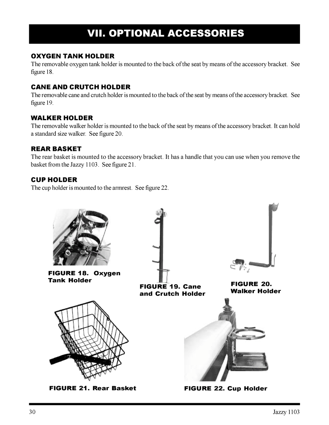 Pride Mobility 1103 owner manual Oxygen Tank Holder, Cane and Crutch Holder, Walker Holder, Rear Basket, CUP Holder 