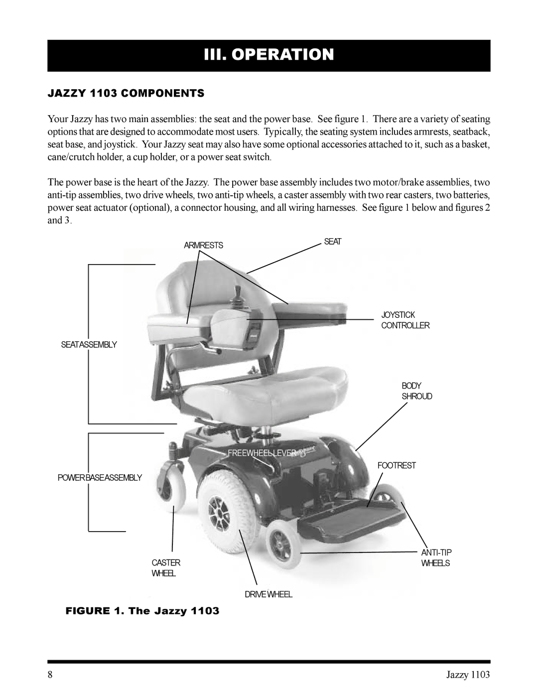 Pride Mobility owner manual III. Operation, Jazzy 1103 Components 