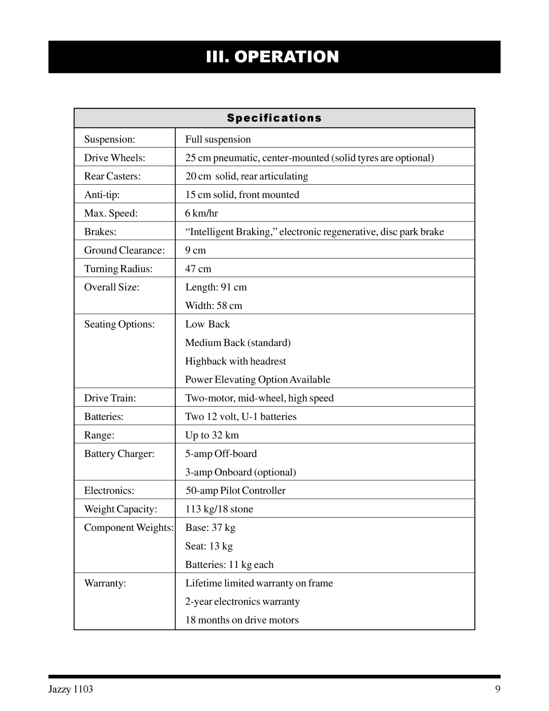 Pride Mobility 1103 owner manual Specifications 